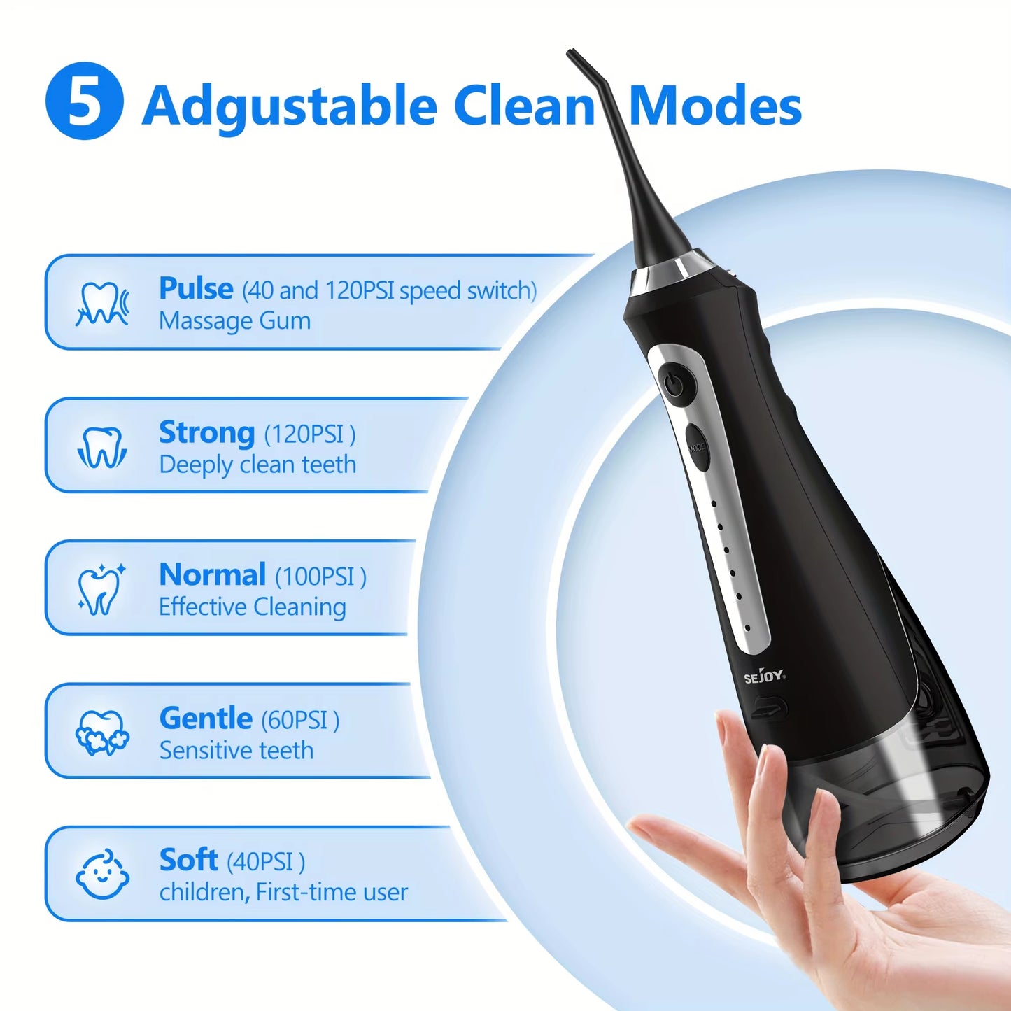 Oral Irrigator Dental Water Flosser Thread Teeth Pick Mouth Washing Machine 8 Nozzels 5 Modes USB Rechargeable 270Ml Tank