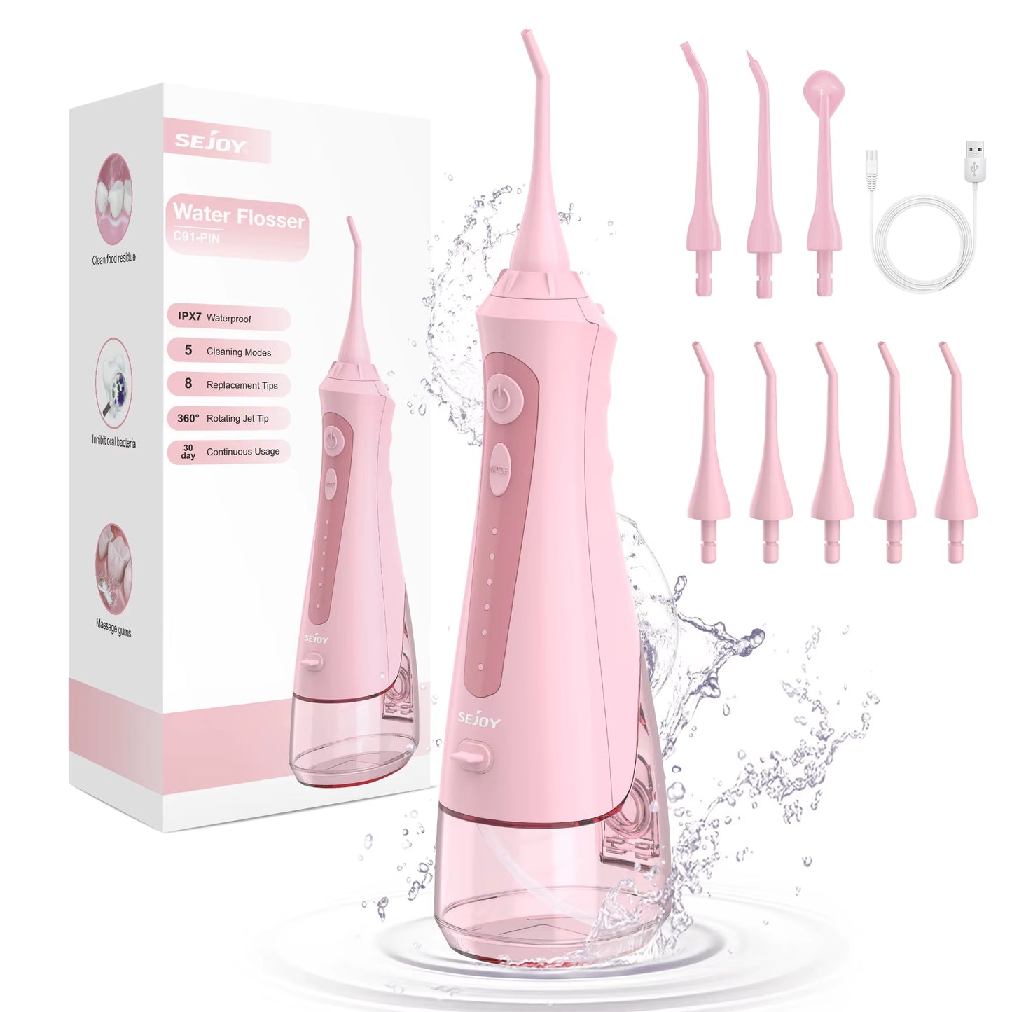 Oral Irrigator Dental Water Flosser Thread Teeth Pick Mouth Washing Machine 8 Nozzels 5 Modes USB Rechargeable 270Ml Tank