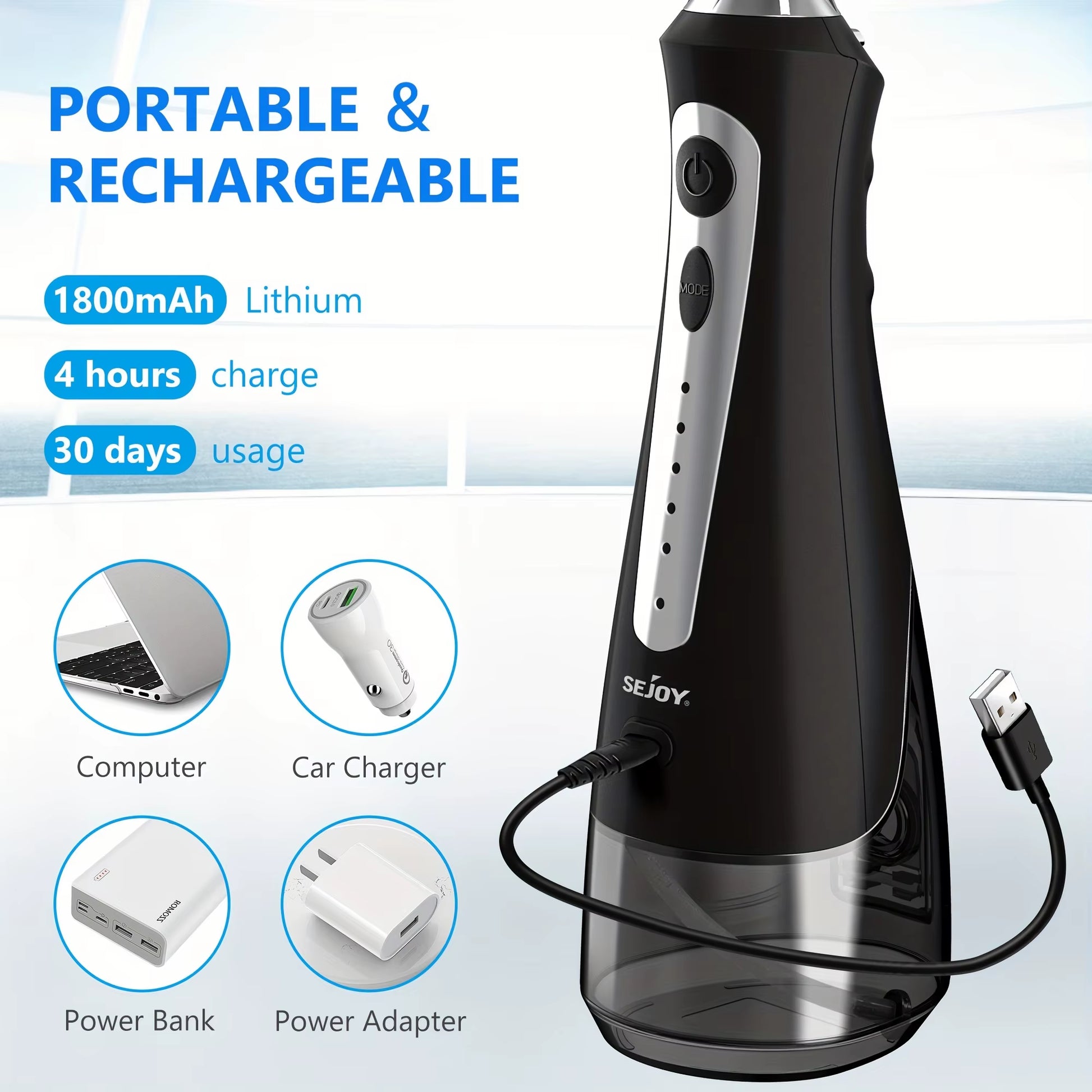 Oral Irrigator Dental Water Flosser Thread Teeth Pick Mouth Washing Machine 8 Nozzels 5 Modes USB Rechargeable 270Ml Tank